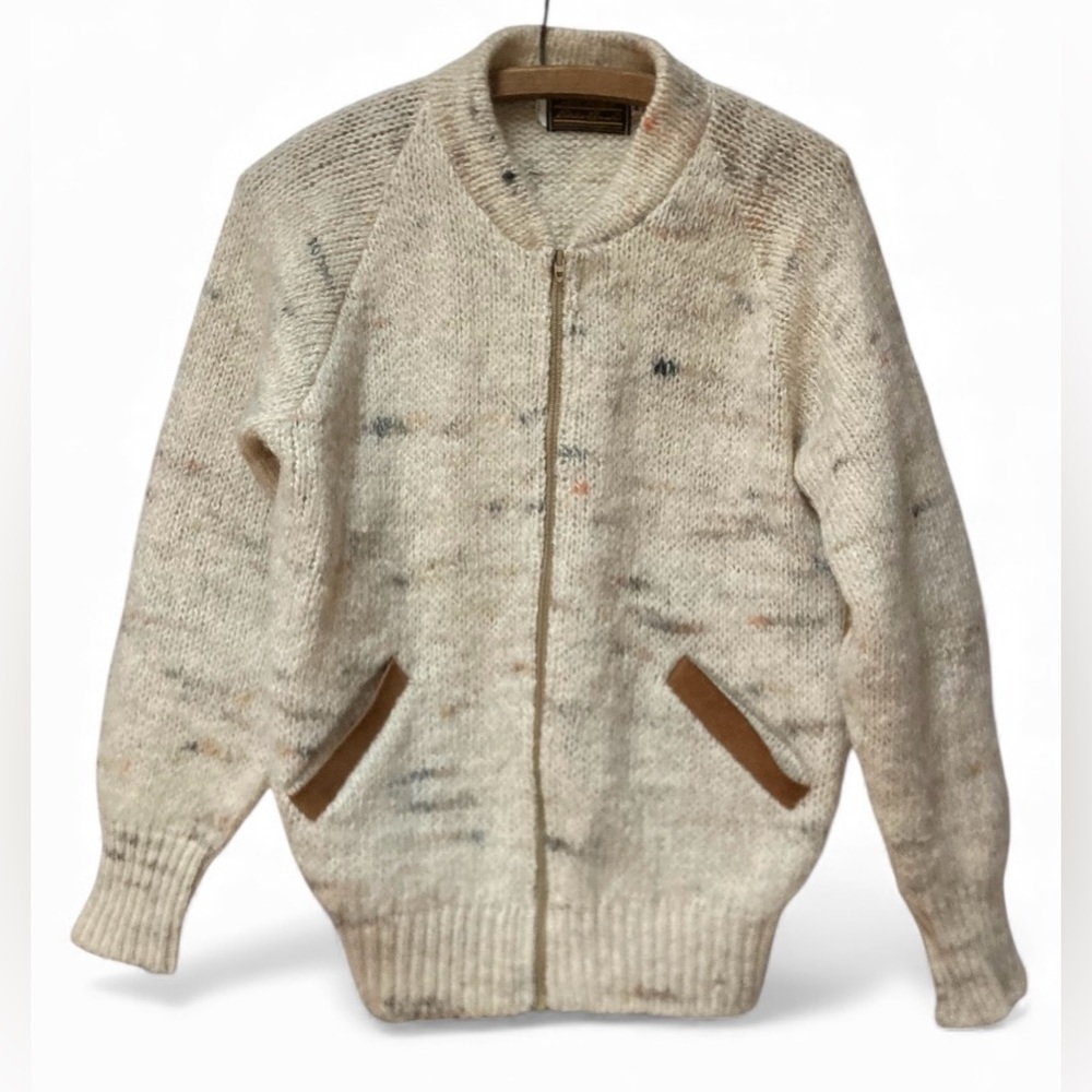 Vintage Eddie‎ Bauer Wool Cardigan Sweater M Suede Trim Elbow Patches Full Zip